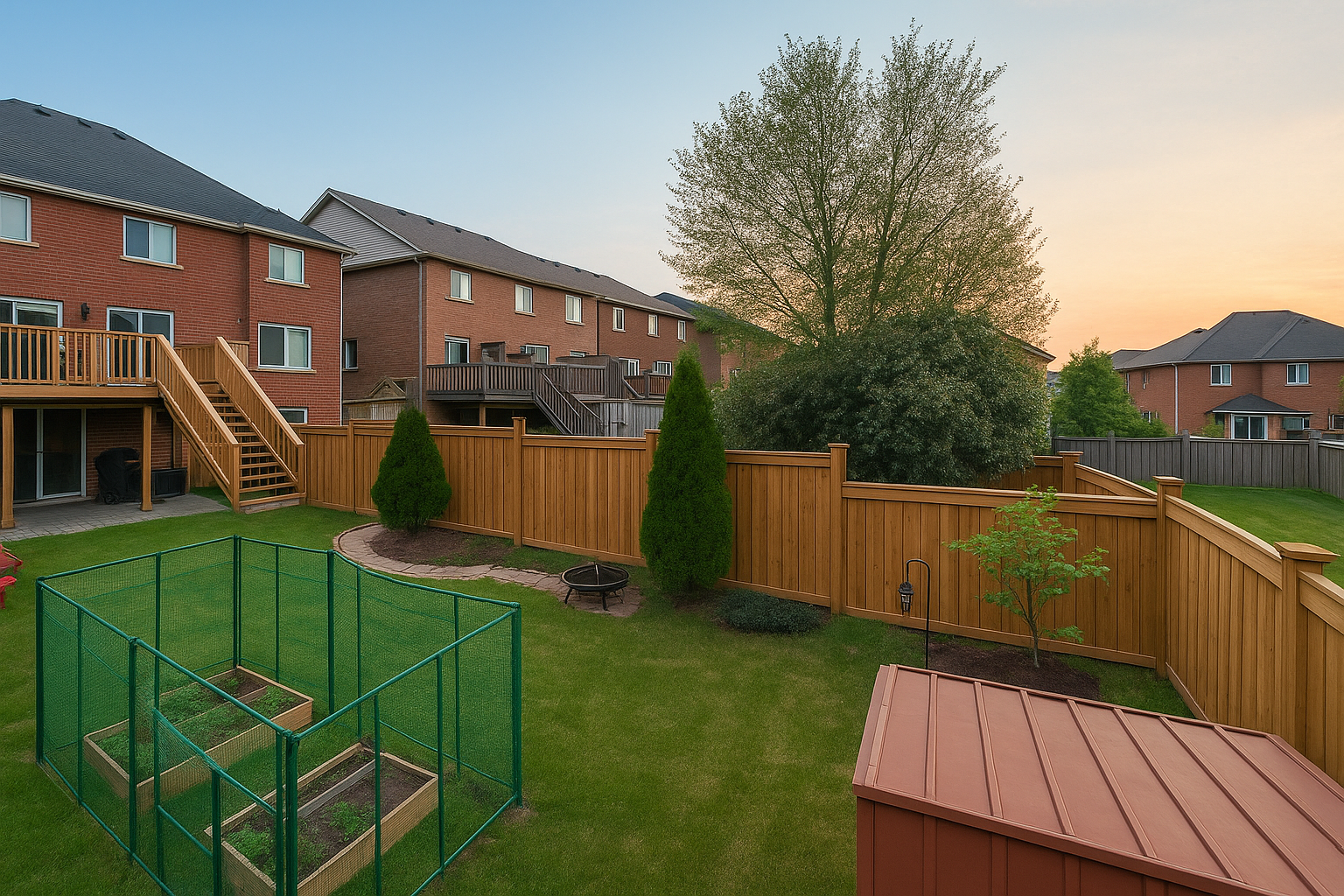 A spacious suburban backyard at sunset, bordered by a tall wooden fence enclosing landscaped grass, vegetable boxes, and a shed. The fence’s clean design and expansive layout invite curiosity about how much for wood fence installation in large residential yards.
