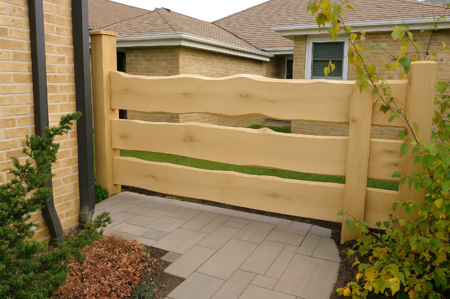 A decorative wooden fence with wide, wavy planks separates a stone pathway and landscaped area outside a brick home. This unique, artisan-style installation showcases alternative fencing styles and hints at premium options when asking how much for wood fence installation with custom design.